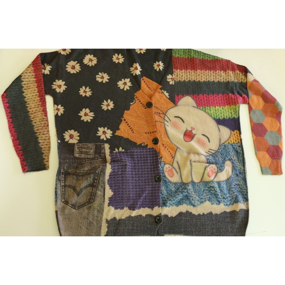 YESNO Womens Whimsical AOP Cat Print Button Oversize Sweater Wool Blend - Picture 10 of 11